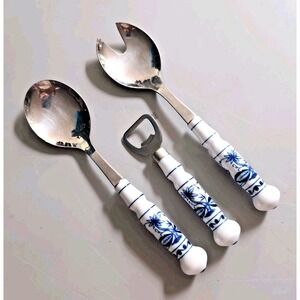 DDR ABS Rostfrei Blue Onion Porcelain Handle Salad Servers + Bottle Opener 18/10